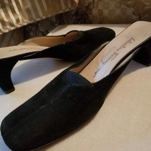 Salvatore Ferragamo, Size 7.5, Black Suede Mules